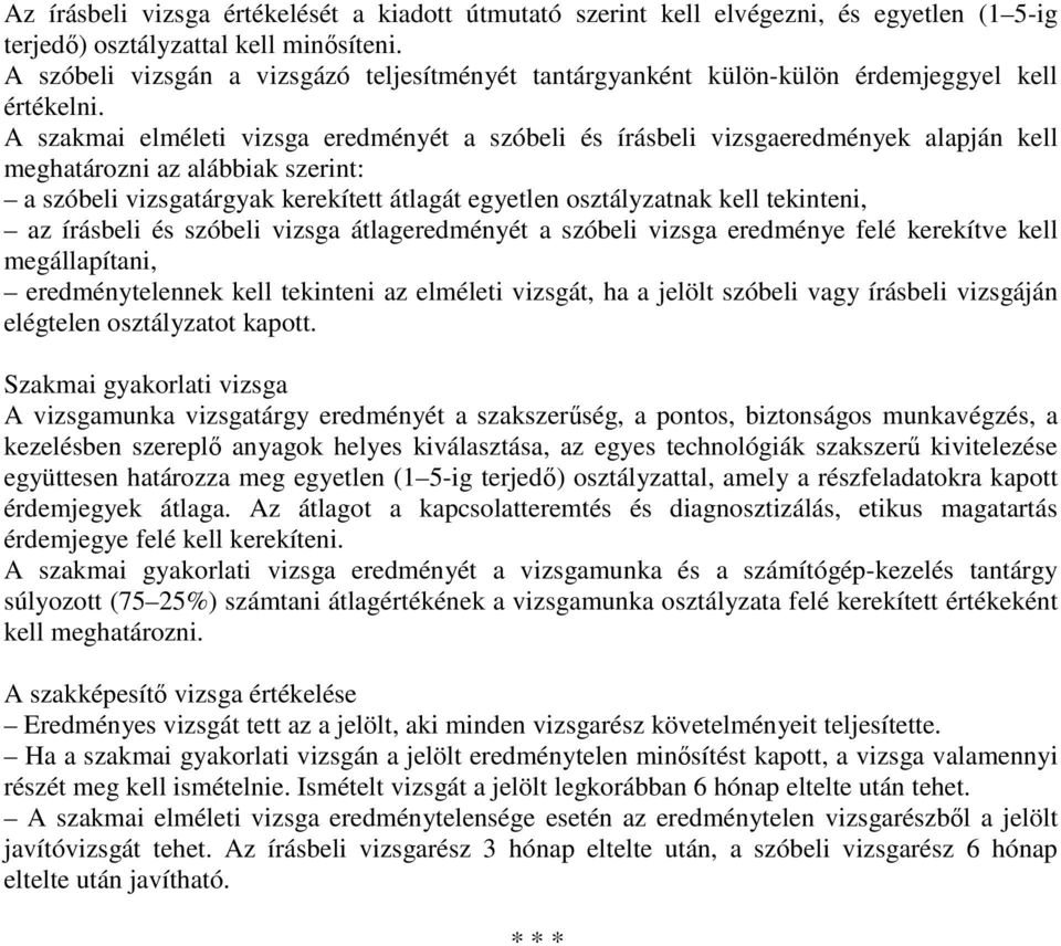 A szakmai elméleti vizsga eredményét a szóbeli és írásbeli vizsgaeredmények alapján kell meghatározni az alábbiak szerint: a szóbeli vizsgatárgyak kerekített átlagát egyetlen osztályzatnak kell