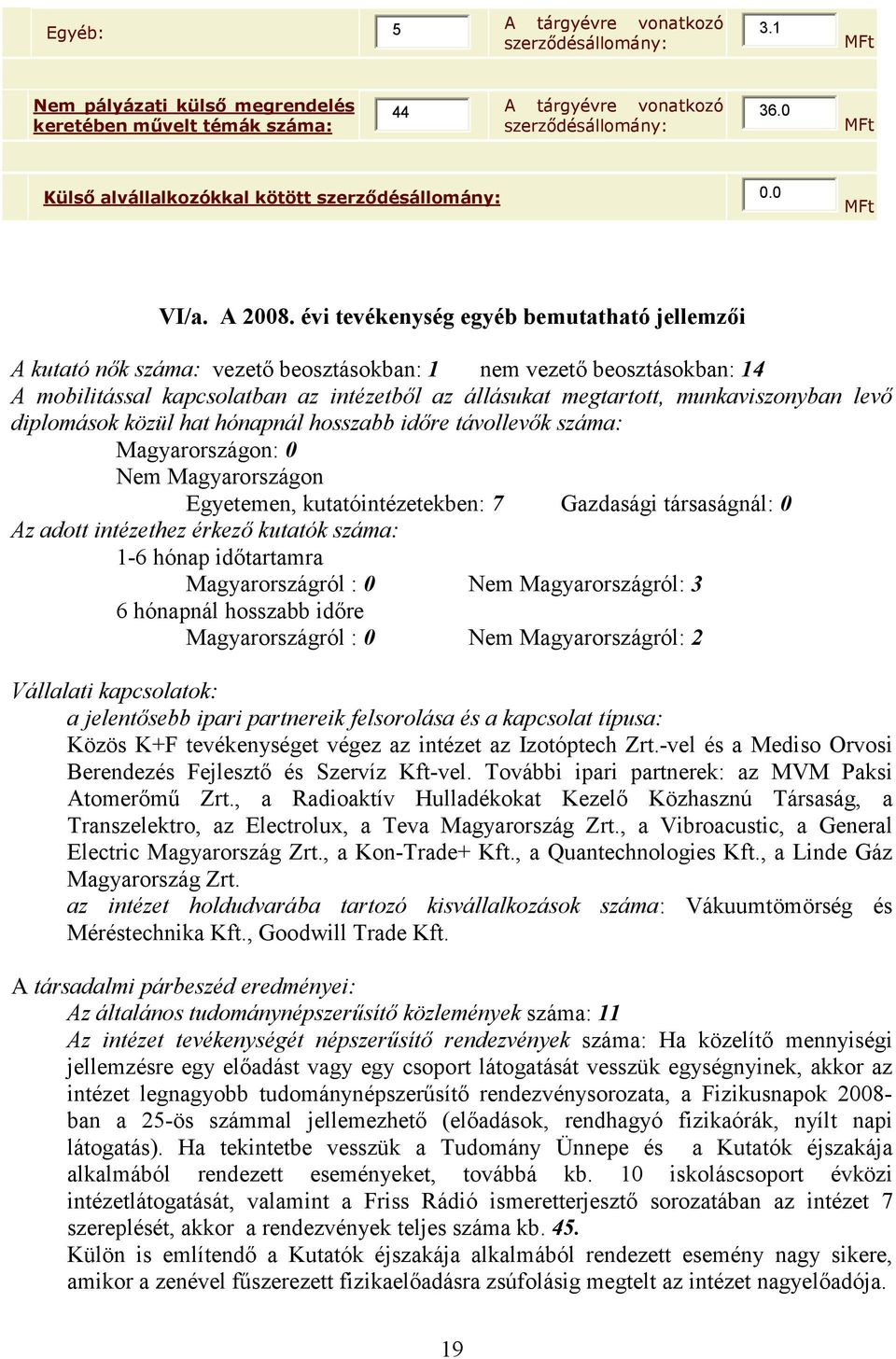 évi tevékenység egyéb bemutatható jellemzői A kutató nők száma: vezető beosztásokban: 1 nem vezető beosztásokban: 14 A mobilitással kapcsolatban az intézetből az állásukat megtartott, munkaviszonyban