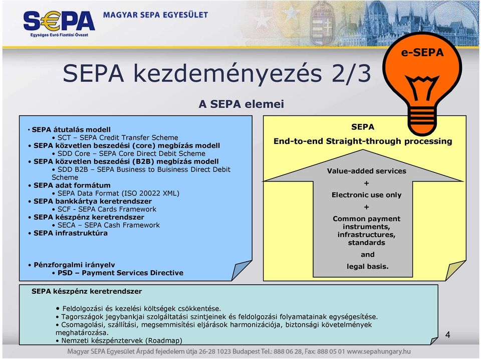 SEPA készpénz keretrendszer SECA SEPA Cash Framework SEPA infrastruktúra Pénzforgalmi irányelv PSD Payment Services Directive SEPA End-to-end Straight-through processing Value-added services +