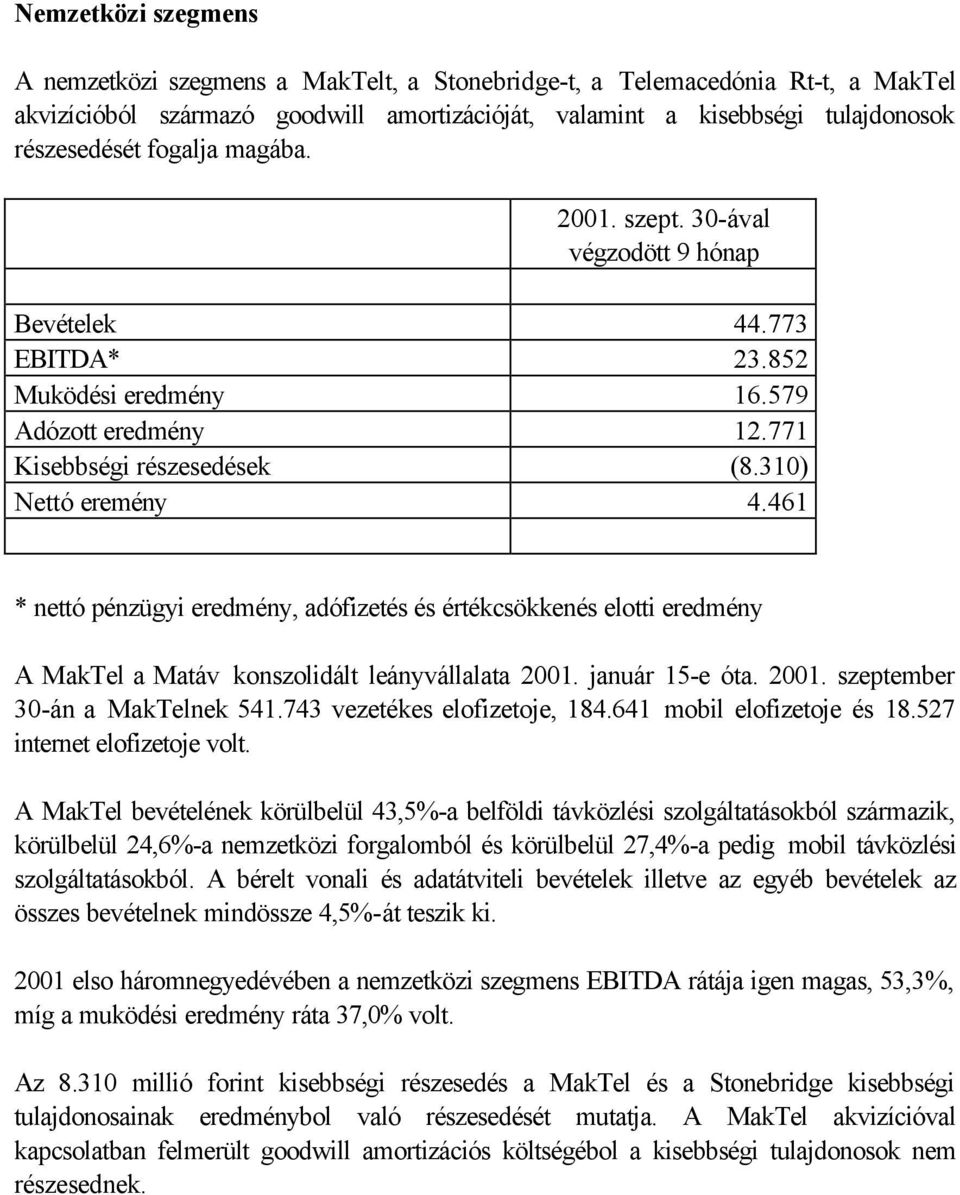 461 * nettó pénzügyi eredmény, adófizetés és értékcsökkenés elotti eredmény A MakTel a Matáv konszolidált leányvállalata 2001. január 15-e óta. 2001. szeptember 30-án a MakTelnek 541.