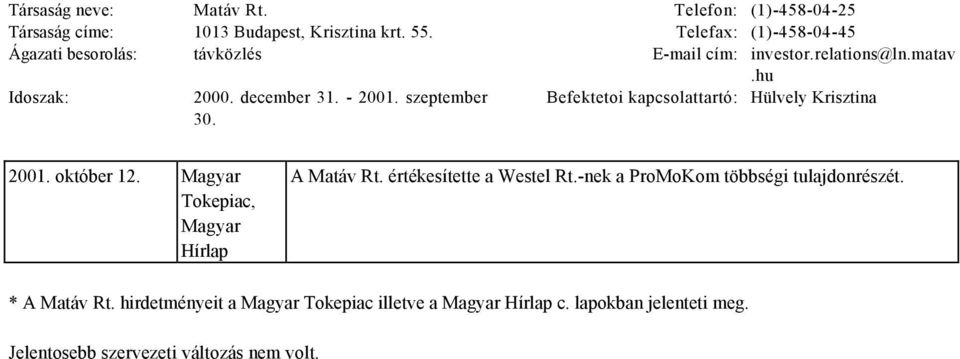 szeptember 30. Befektetoi kapcsolattartó: Hülvely Krisztina 2001. október 12. Magyar Tokepiac, Magyar Hírlap A Matáv Rt.