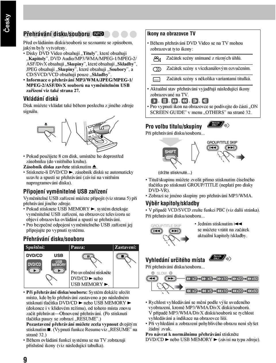 CD/SVCD/VCD obsahují pouze Skladby. Informace o přehrávání MP3/WMA/JPEG/MPEG-1/ MPEG-2/ASF/DivX souborů na vyměnitelném USB zařízení viz také strana 27.