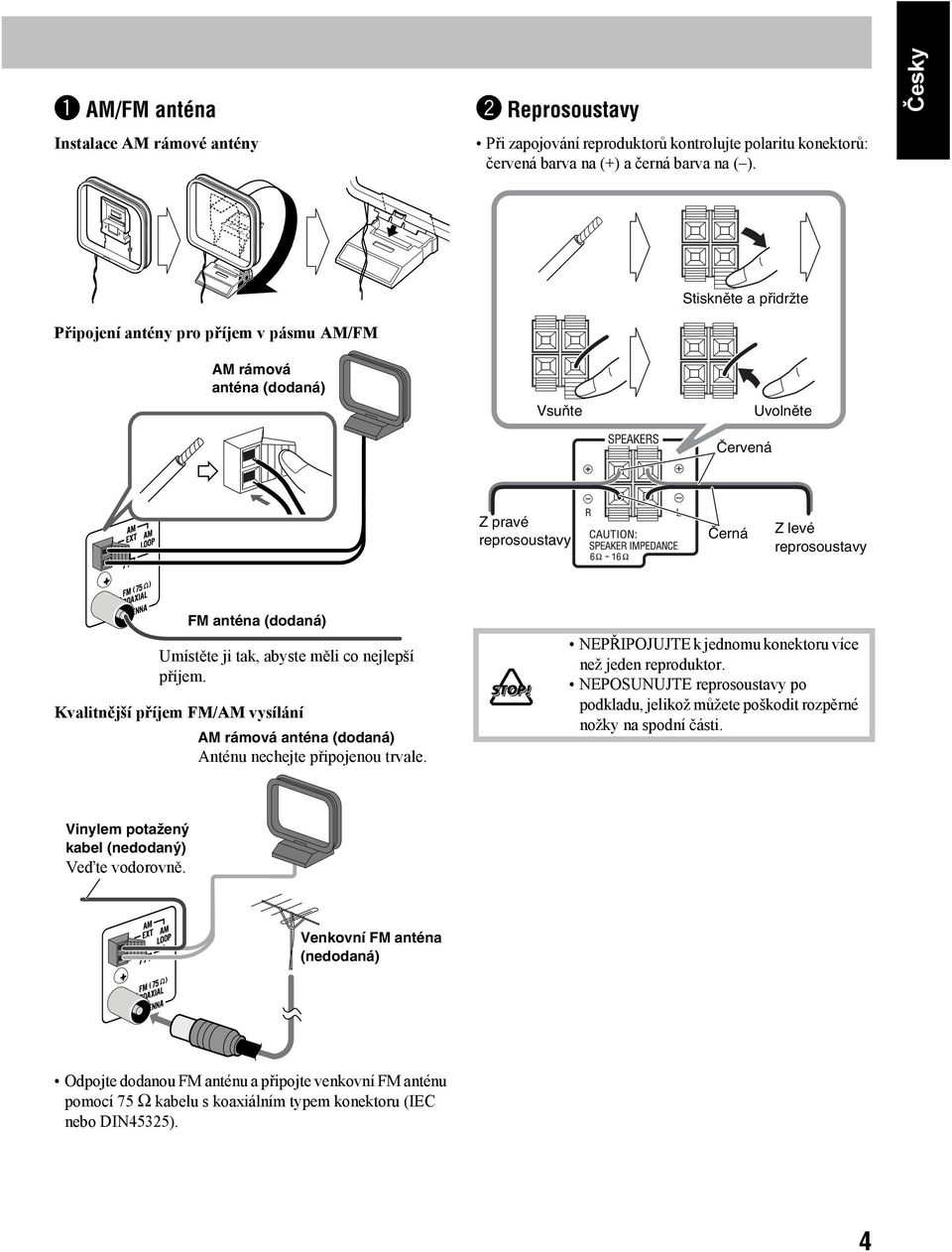tak, abyste měli co nejlepší příjem. Kvalitnější příjem FM/AM vysílání AM rámová anténa (dodaná) Anténu nechejte připojenou trvale. NEPŘIPOJUJTE k jednomu konektoru více než jeden reproduktor.