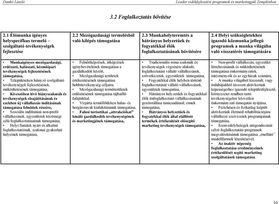 4 Helyi szükségletekhez igazodó közmunka jellegő programok a munka világába való visszatérés támogatására Munkaigényes mezıgazdasági, erdészeti, halászati, kézmőipari tevékenységek fejlesztésének