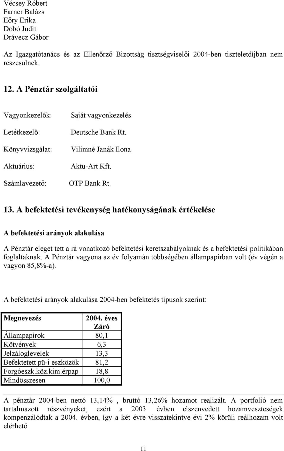 A befektetési tevékenység hatékonyságának értékelése A befektetési arányok alakulása A Pénztár eleget tett a rá vonatkozó befektetési keretszabályoknak és a befektetési politikában foglaltaknak.