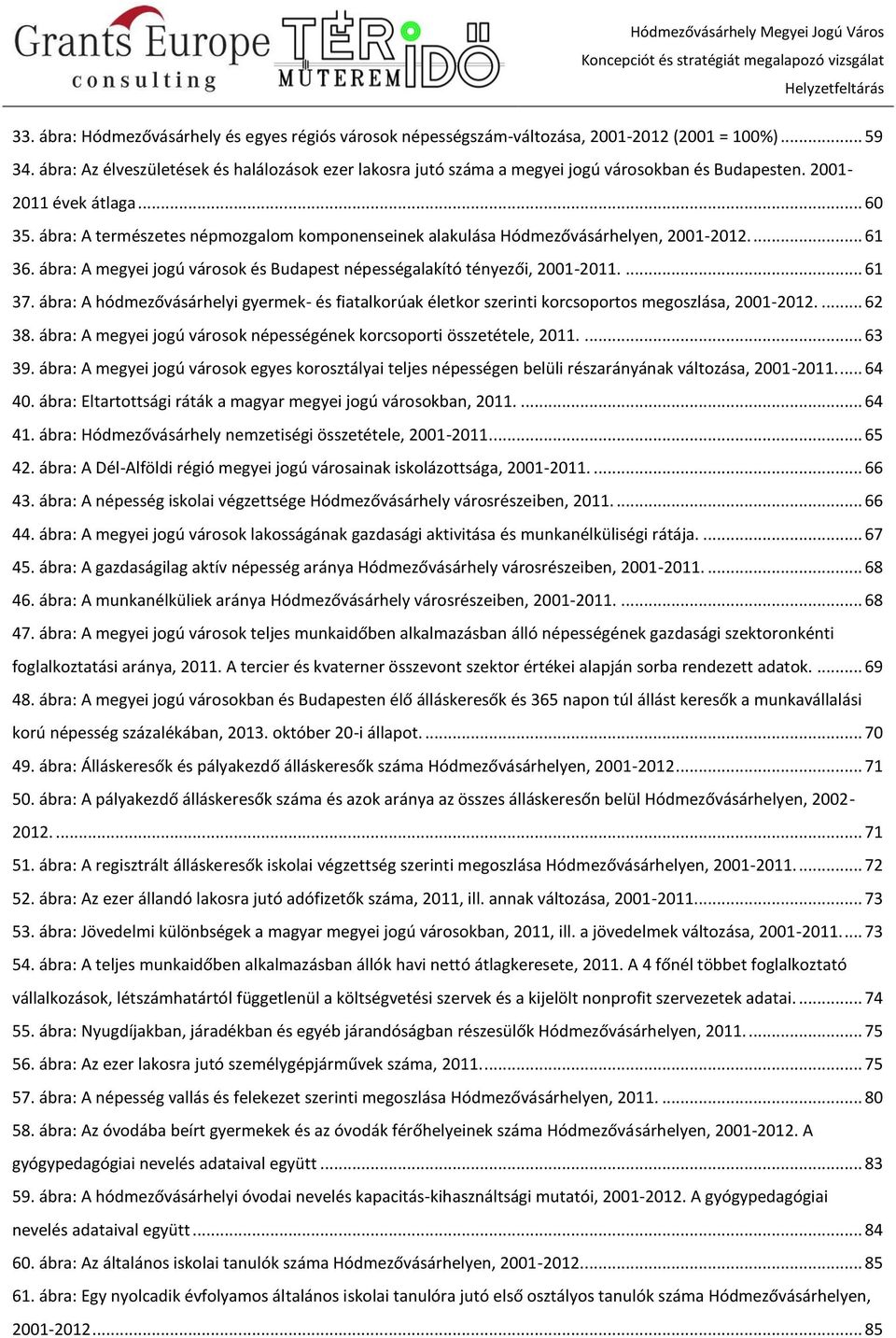 ábra: A természetes népmozgalom komponenseinek alakulása Hódmezővásárhelyen, 2001-2012.... 61 36. ábra: A megyei jogú városok és Budapest népességalakító tényezői, 2001-2011.... 61 37.
