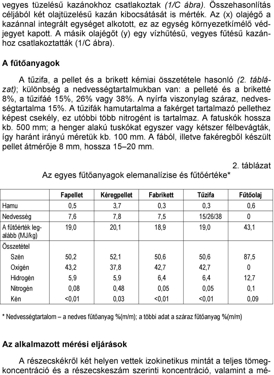 A fűtőanyagok A tűzifa, a pellet és a brikett kémiai összetétele hasonló (2. táblázat); különbség a nedvességtartalmukban van: a pelleté és a briketté 8%, a tűzifáé 15%, 26% vagy 38%.