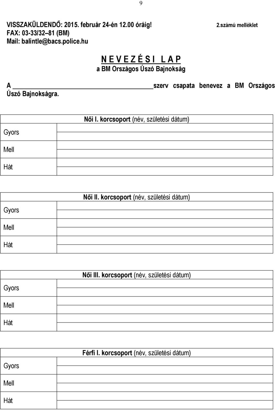 szerv csapata benevez a BM Országos Női I. korcsoport (név, születési dátum) Női II.