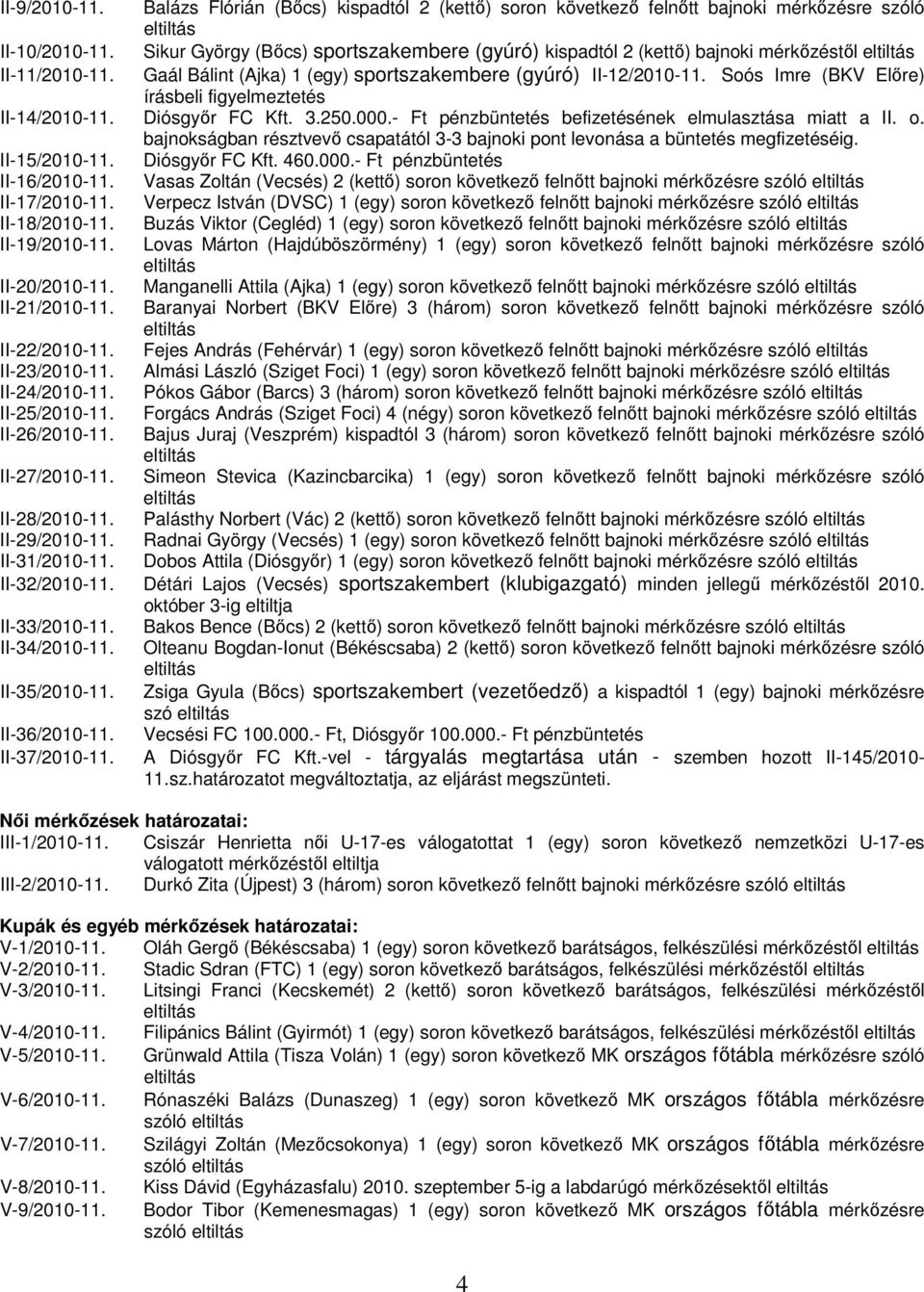 Soós Imre (BKV Előre) írásbeli figyelmeztetés II-14/2010-11. Diósgyőr FC Kft. 3.250.000.- Ft pénzbüntetés befizetésének elmulasztása miatt a II. o.