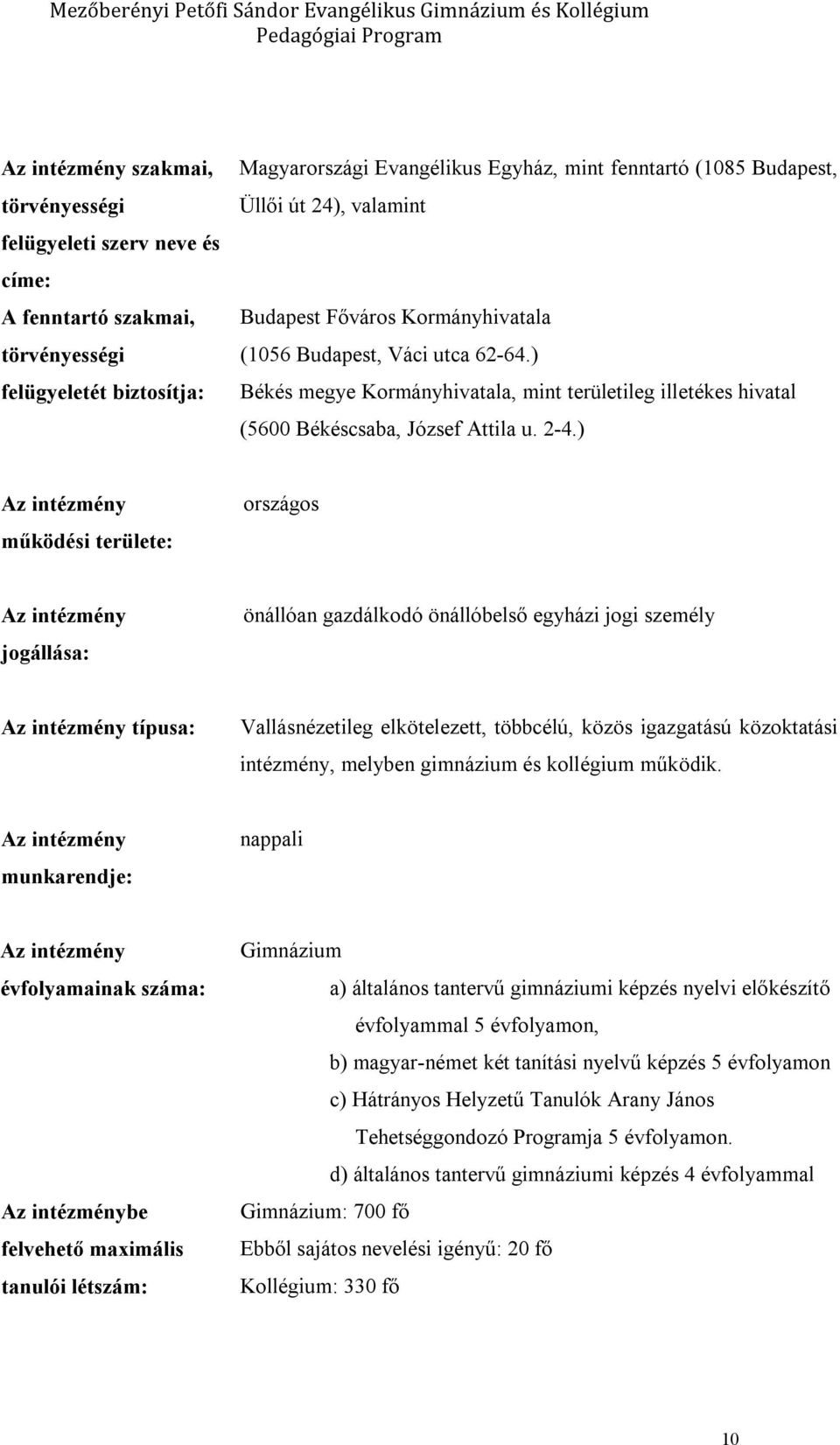 ) Az intézmény működési területe: országos Az intézmény jogállása: önállóan gazdálkodó önállóbelső egyházi jogi személy Az intézmény típusa: Vallásnézetileg elkötelezett, többcélú, közös igazgatású