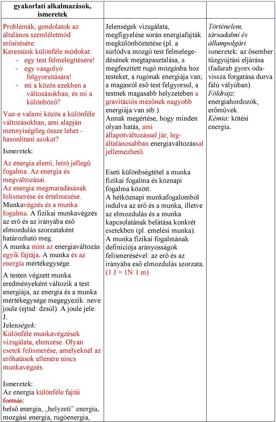 Az energia elemi, leíró jellegű fogalma. Az energia és megváltozásai. Az energia megmaradásának felismerése és értelmezése. Munkavégzés és a munka fogalma.