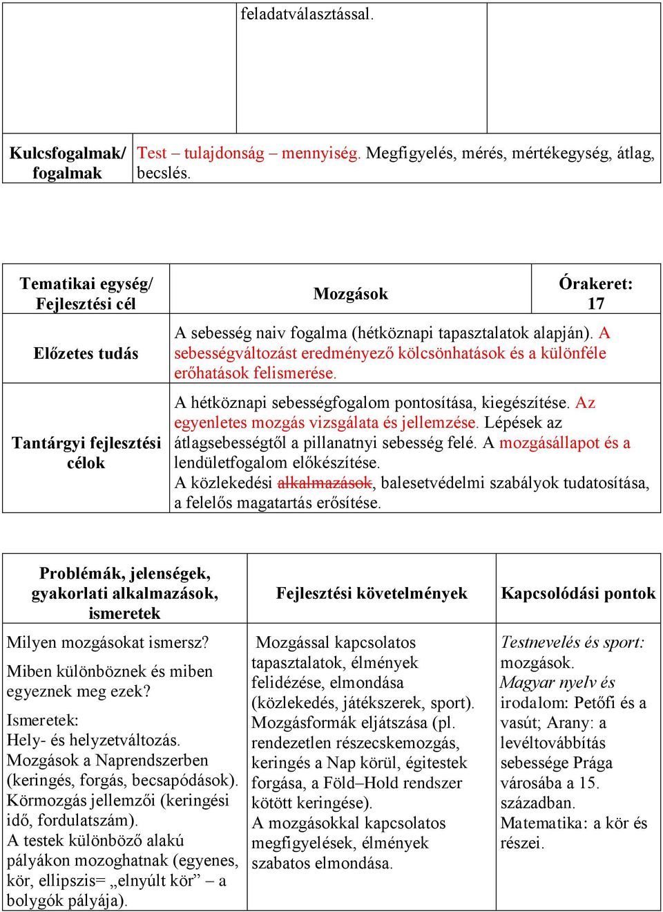 A sebességváltozást eredményező kölcsönhatások és a különféle erőhatások felismerése. A hétköznapi sebességfogalom pontosítása, kiegészítése. Az egyenletes mozgás vizsgálata és jellemzése.