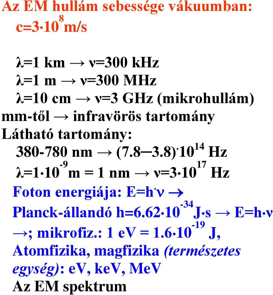 tartomány Látható tartomány: 380-780 nm (7.8 3.8). 10 14 Hz λ=1.10-9 m = 1 nm ν=3.