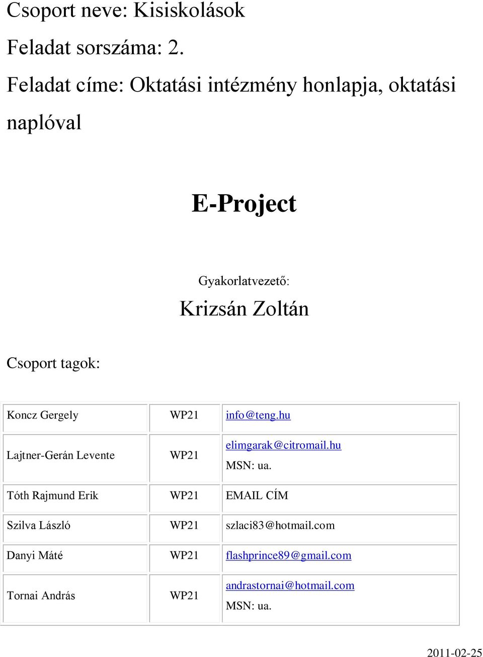 Csoport tagok: Koncz Gergely WP21 info@teng.hu Lajtner-Gerán Levente WP21 elimgarak@citromail.hu MSN: ua.