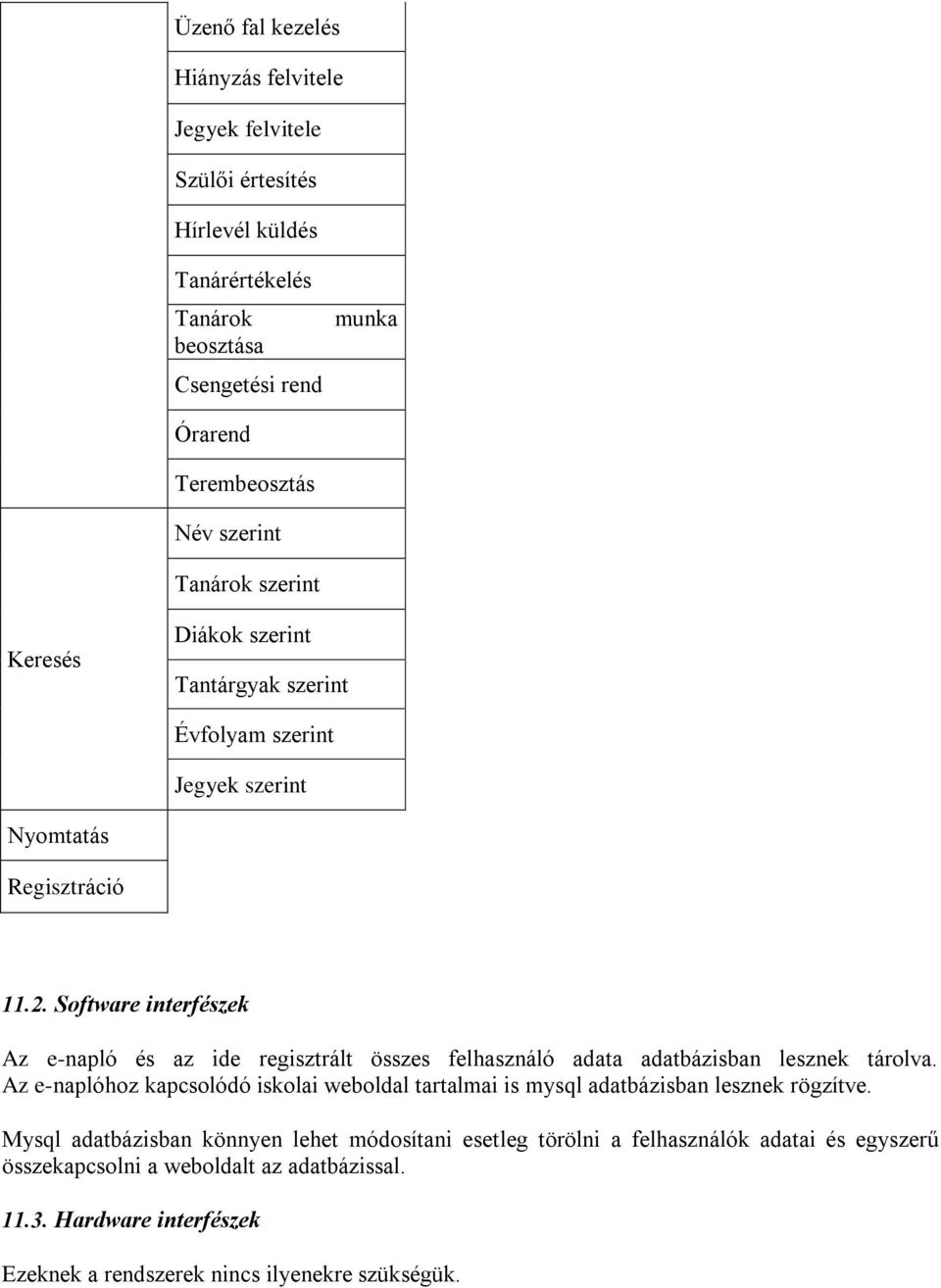 Software interfészek Az e-napló és az ide regisztrált összes felhasználó adata adatbázisban lesznek tárolva.