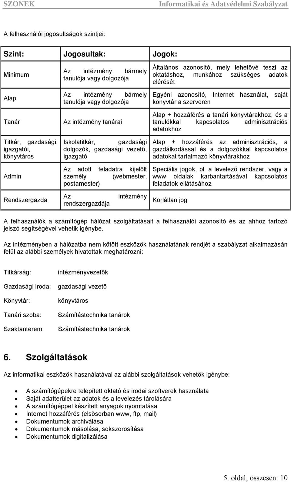 lehetővé teszi az oktatáshoz, munkához szükséges adatok elérését Egyéni azonosító, Internet használat, saját könyvtár a szerveren Alap + hozzáférés a tanári könyvtárakhoz, és a tanulókkal kapcsolatos