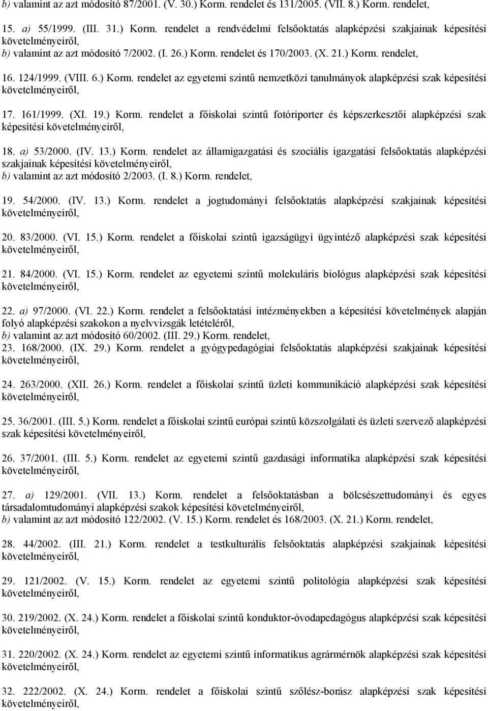 ) Korm. rendelet a főiskolai szintű fotóriporter és képszerkesztői alapképzési szak képesítési 18. a) 53/2000. (IV. 13.) Korm. rendelet az államigazgatási és szociális igazgatási felsőoktatás alapképzési szakjainak képesítési b) valamint az azt módosító 2/2003.