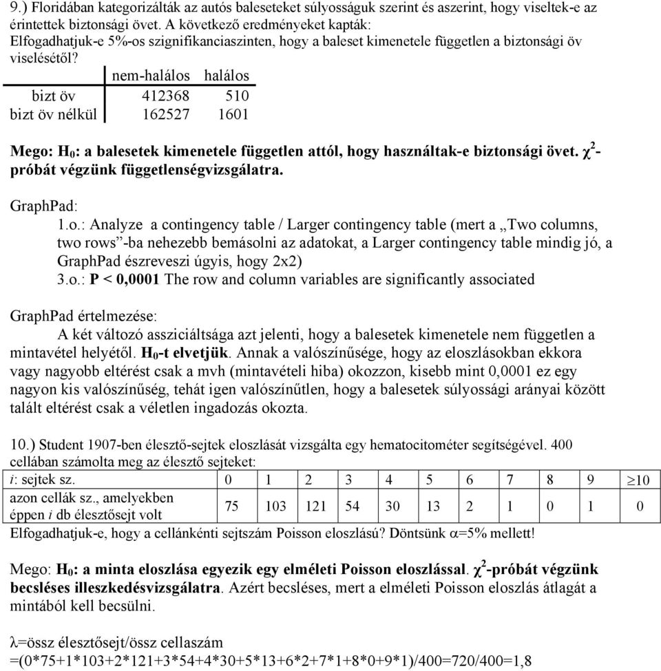 nem-halálos halálos bizt öv 412368 510 bizt öv nélkül 162527 1601 Mego: H 0 : a balesetek kimenetele független attól, hogy használtak-e biztonsági övet. χ 2 - próbát végzünk függetlenségvizsgálatra.