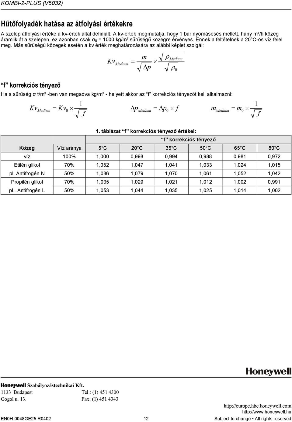 Más sűrűségű közegek esetén a kv érték meghatározására az alábbi képlet szolgál: f korrekciós tényező m Kv Medium = p ρ Medium Ha a sűrűség σ t/m³ -ben van megadva kg/m³ - helyett akkor az f