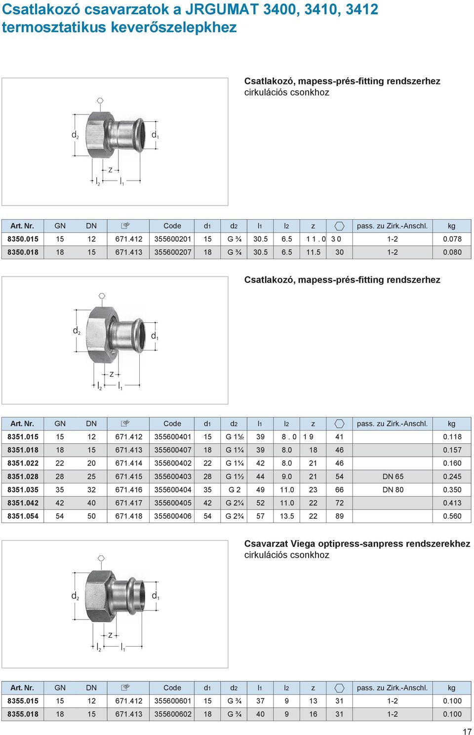 080 Csatlakozó, mapess-prés-fitting rendszerhez Art. Nr. GN DN Code d1 d2 l1 l2 z pass. zu Zirk.-Anschl. kg 8351.015 15 12 671.412 355600401 15 G 1½8 39 8. 0 1 9 41 0.118 8351.018 18 15 671.