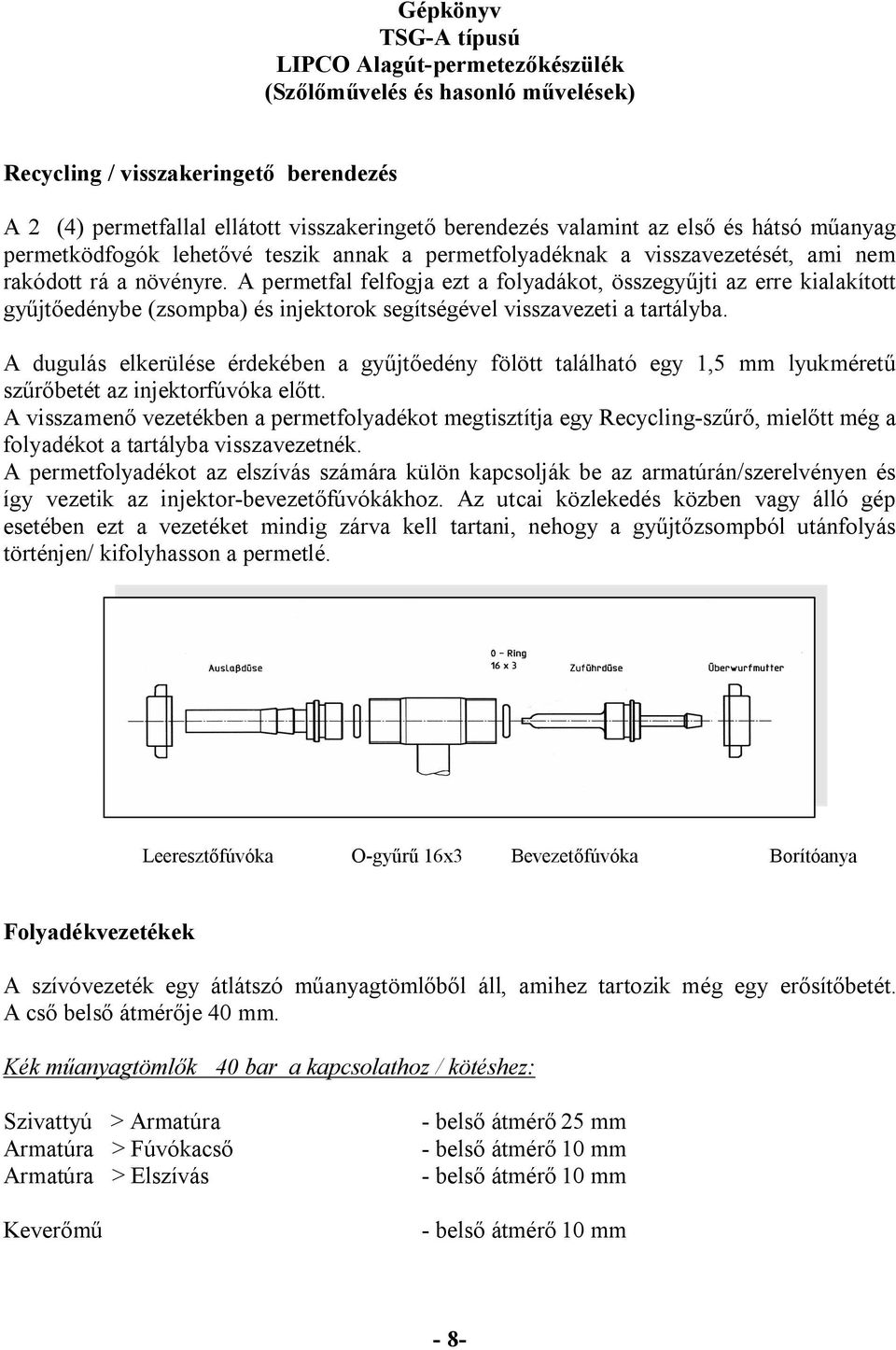 A dugulás elkerülése érdekében a gyűjtőedény fölött található egy 1,5 mm lyukméretű szűrőbetét az injektorfúvóka előtt.