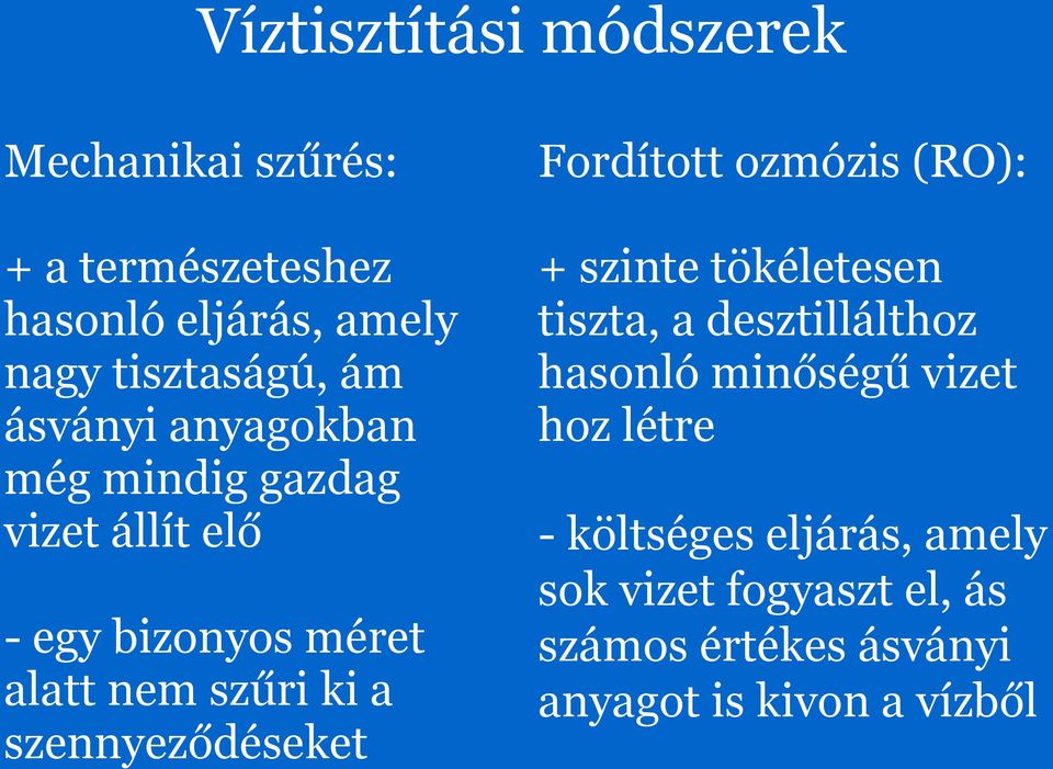 tiszta, a desztillálthoz hasonló minőségű vizet hoz létre - egy bizonyos méret alatt nem szűri ki a