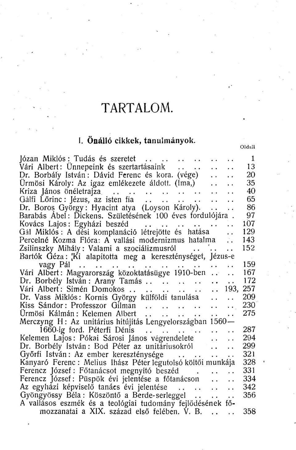 Boros György: Hyacint atya (Loyson Károly) 86 Barabás Ábel: Dickens. Születésének 100 éves fordulójára. 97 Kovács Lajos: Egyházi beszéd 107 Gál Miklós: A dési komplanáció létrejötte és hatása.