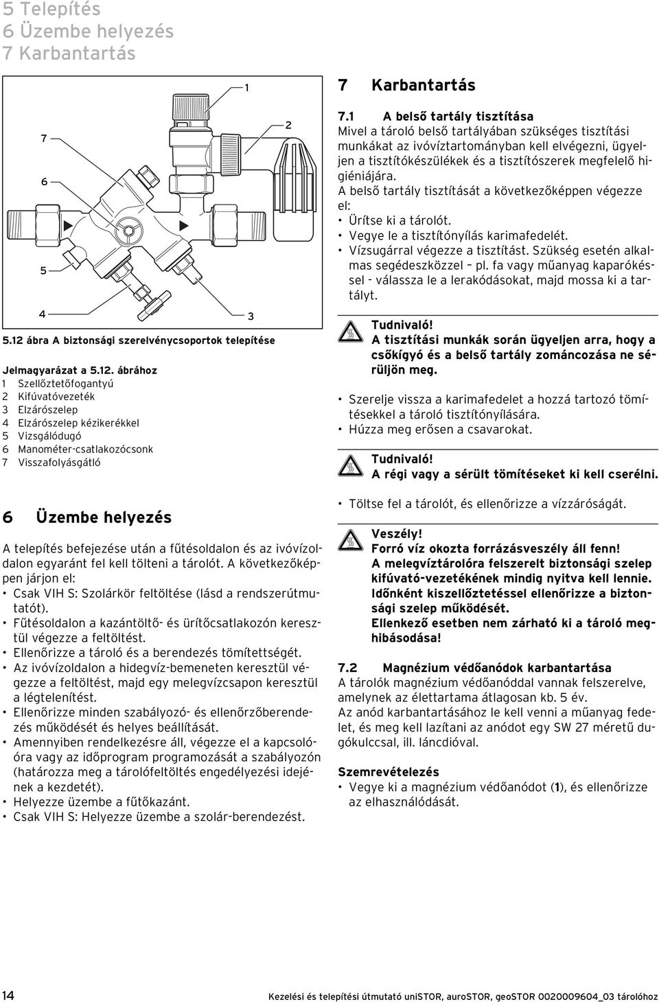 ábrához 1 Szellőztetőfogantyú 2 Kifúvatóvezeték 3 Elzárószelep 4 Elzárószelep kézikerékkel 5 Vizsgálódugó 6 Manométer-csatlakozócsonk 7 Visszafolyásgátló 1 3 2 7 Karbantartás 7.