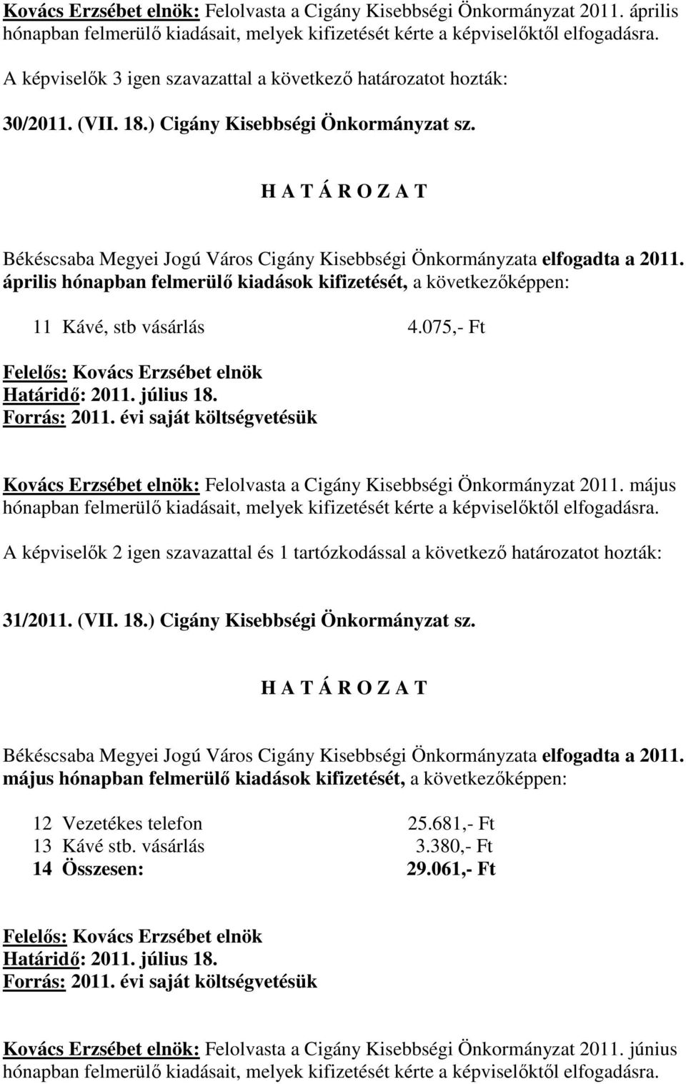 075,- Ft Kovács Erzsébet elnök: Felolvasta a Cigány Kisebbségi Önkormányzat 2011. május A képviselık 2 igen szavazattal és 1 tartózkodással a következı határozatot hozták: 31/2011. (VII.