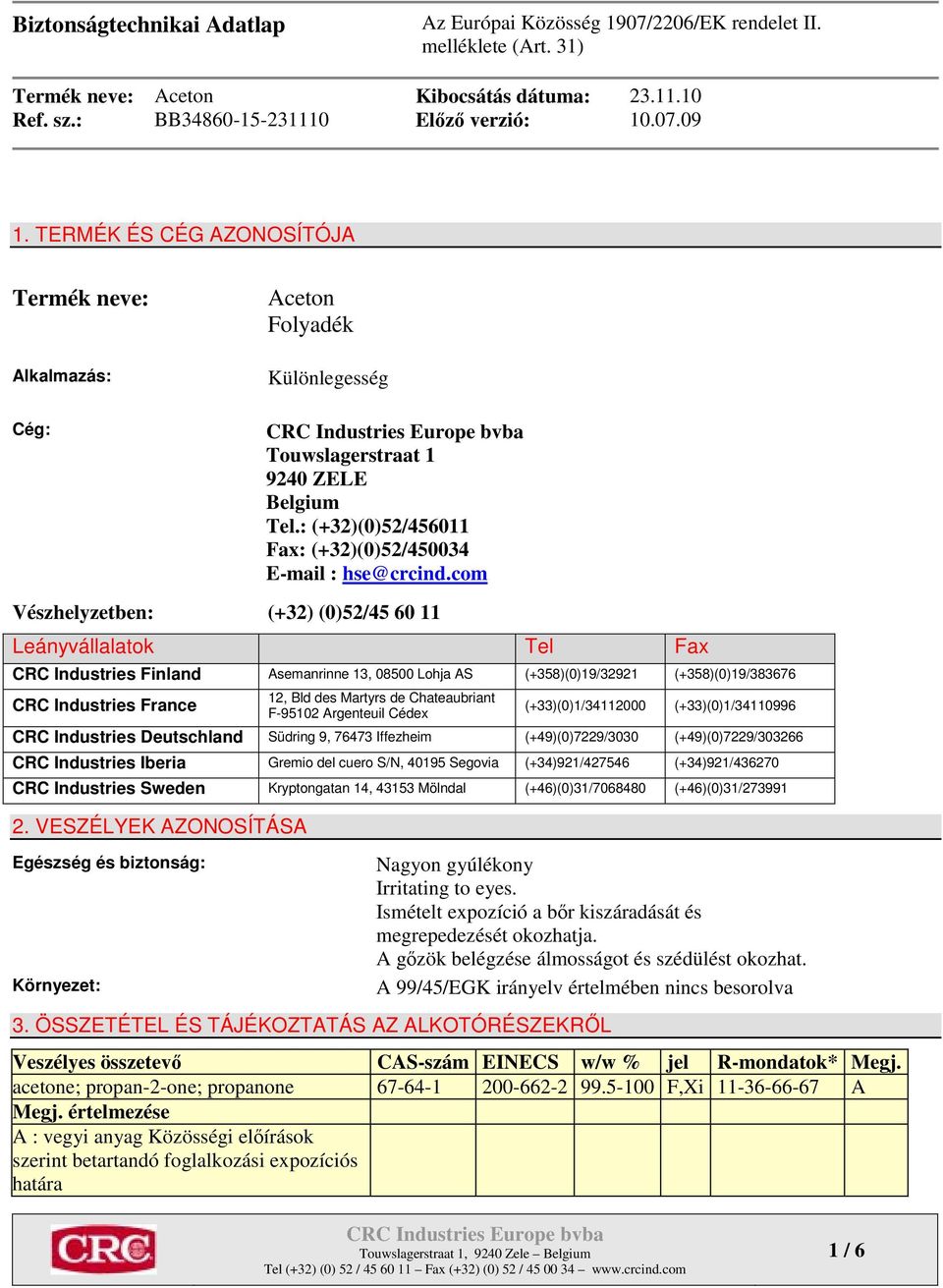 de Chateaubriant F-95102 Argenteuil Cédex (+33)(0)1/34112000 (+33)(0)1/34110996 CRC Industries Deutschland Südring 9, 76473 Iffezheim (+49)(0)7229/3030 (+49)(0)7229/303266 CRC Industries Iberia