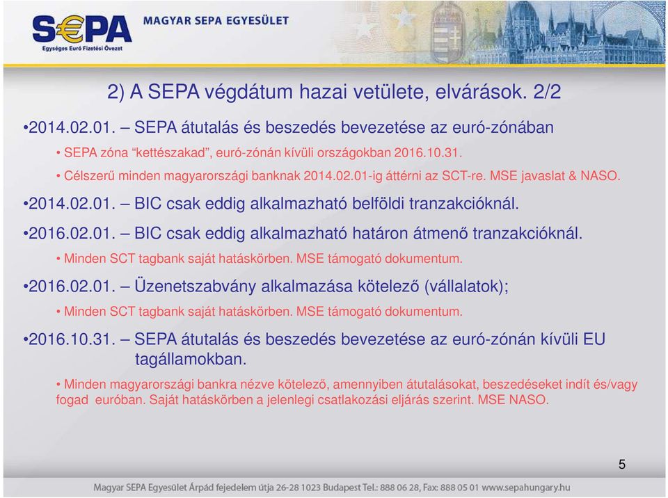 Minden SCT tagbank saját hatáskörben. MSE támogató dokumentum. 2016.02.01. Üzenetszabvány alkalmazása kötelező (vállalatok); Minden SCT tagbank saját hatáskörben. MSE támogató dokumentum. 2016.10.31.