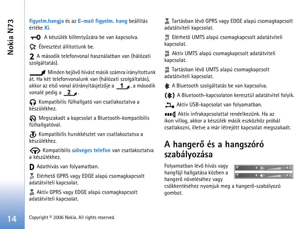 Ha két telefonvonalunk van (hálózati szolgáltatás), akkor az elsõ vonal átirányításjelzõje a, a második vonalé pedig a. Kompatibilis fülhallgató van csatlakoztatva a készülékhez.