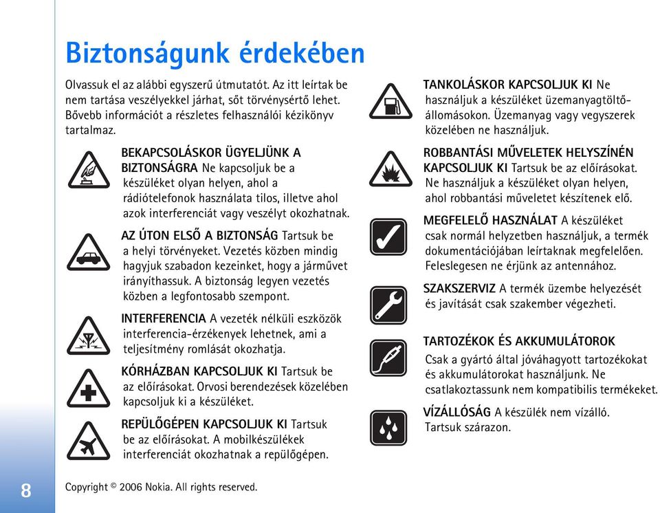 BEKAPCSOLÁSKOR ÜGYELJÜNK A BIZTONSÁGRA Ne kapcsoljuk be a készüléket olyan helyen, ahol a rádiótelefonok használata tilos, illetve ahol azok interferenciát vagy veszélyt okozhatnak.