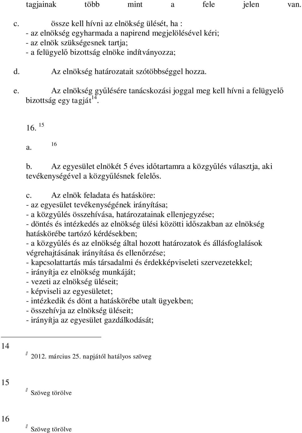 Az elnökség határozatait szótöbbséggel hozza. e. Az elnökség gyűlésére tanácskozási joggal meg kell hívni a felügyelő bizottság egy tagját 14. 16. 15 a. 16 b.
