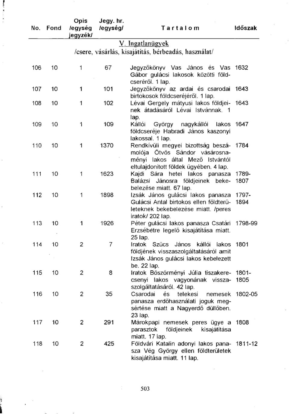 1 lap. 109 Kallói György nagykállói lakos 1647 földcseréje Habradi János kaszonyi lakossal. 1 lap.