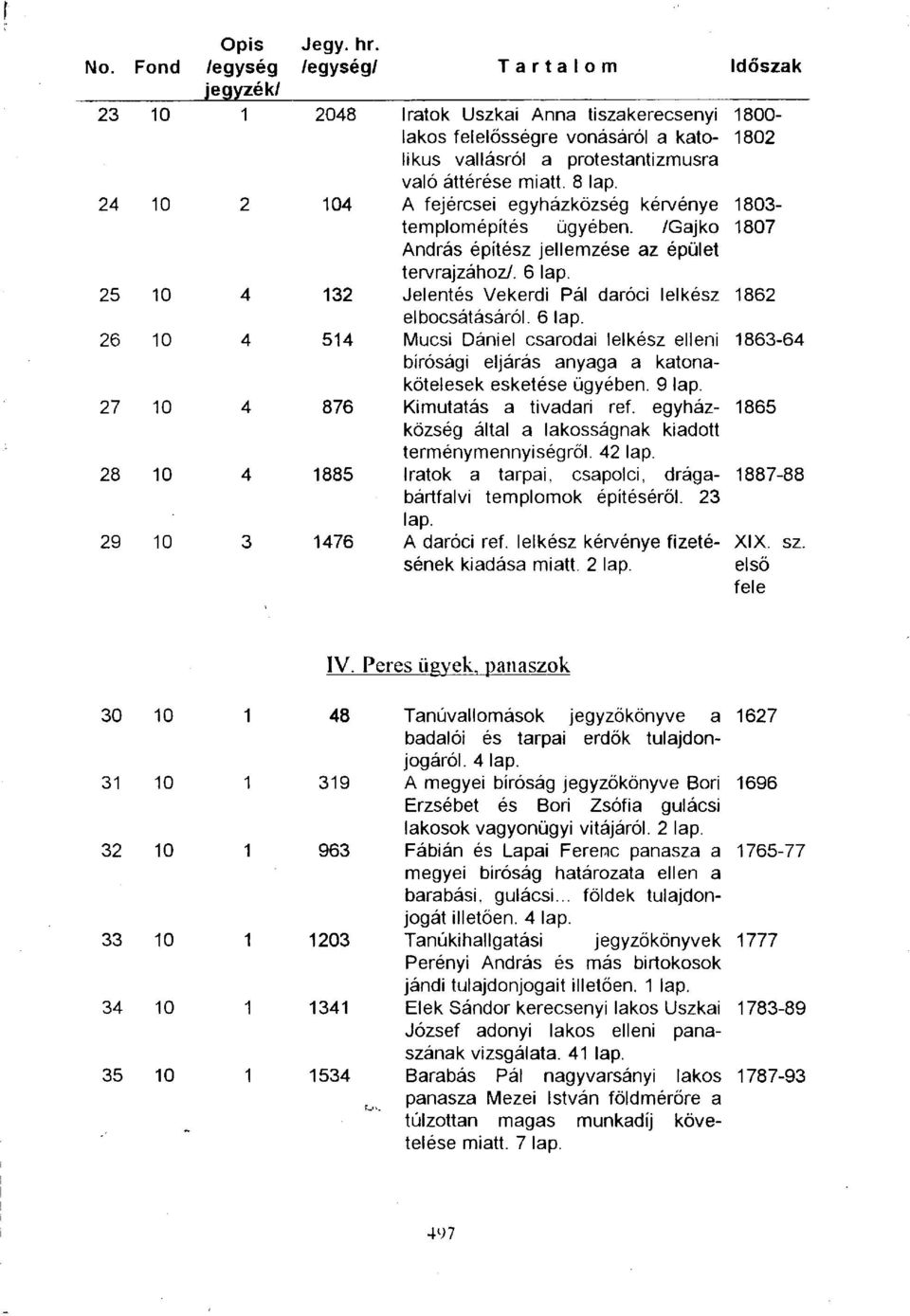 25 10 4 132 Jelentés Vekerdi Pál daróci lelkész 1862 elbocsátásáról. 6 lap. 26 10 4 514 Mucsi Dániel csarodai lelkész elleni 1863-64 bírósági eljárás anyaga a katonakötelesek esketése ügyében. 9 lap.