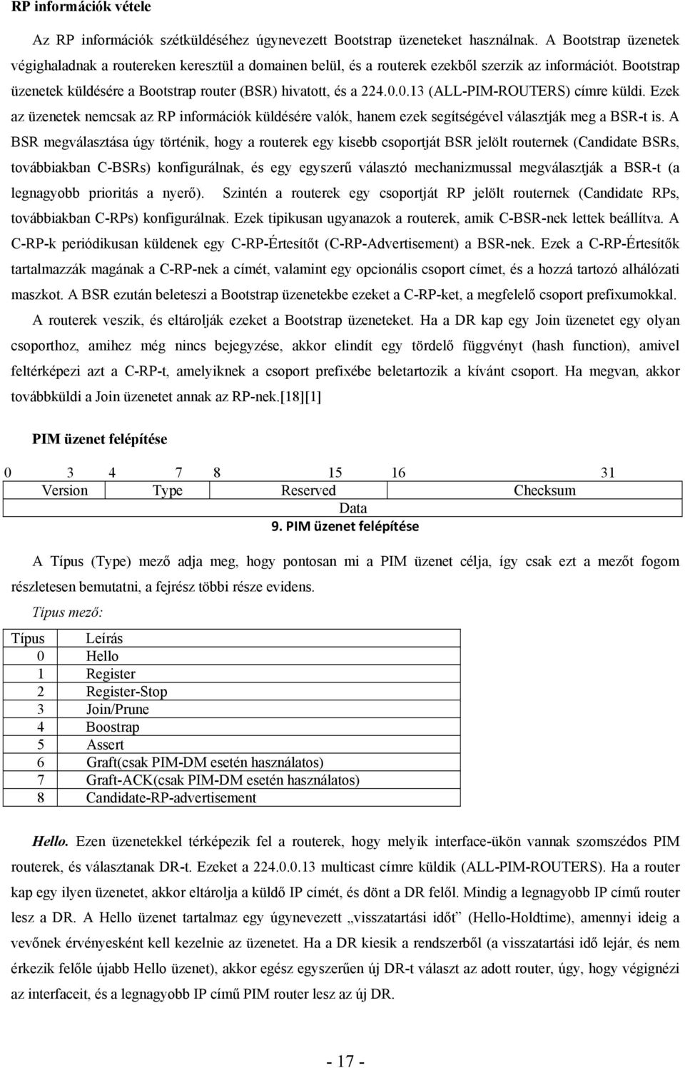 0.13 (ALL-PIM-ROUTERS) címre küldi. Ezek az üzenetek nemcsak az RP információk küldésére valók, hanem ezek segítségével választják meg a BSR-t is.