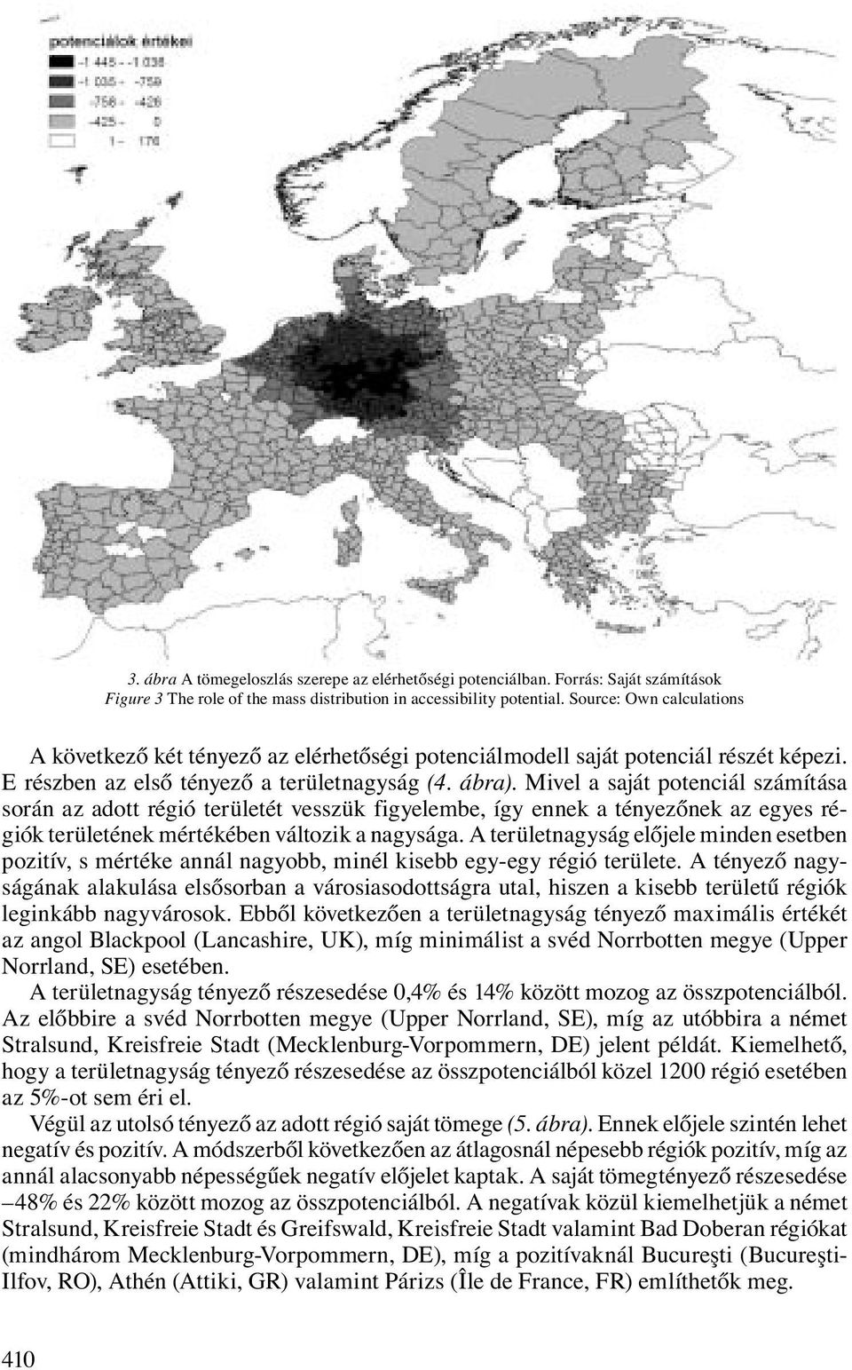 Mivel a saját potenciál számítása során az adott régió területét vesszük figyelembe, így ennek a tényezőnek az egyes régiók területének mértékében változik a nagysága.