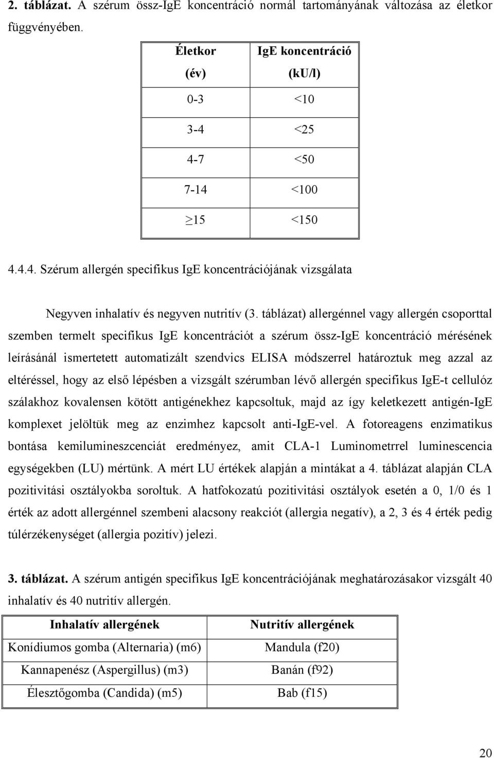 táblázat) allergénnel vagy allergén csoporttal szemben termelt specifikus IgE koncentrációt a szérum össz-ige koncentráció mérésének leírásánál ismertetett automatizált szendvics ELISA módszerrel