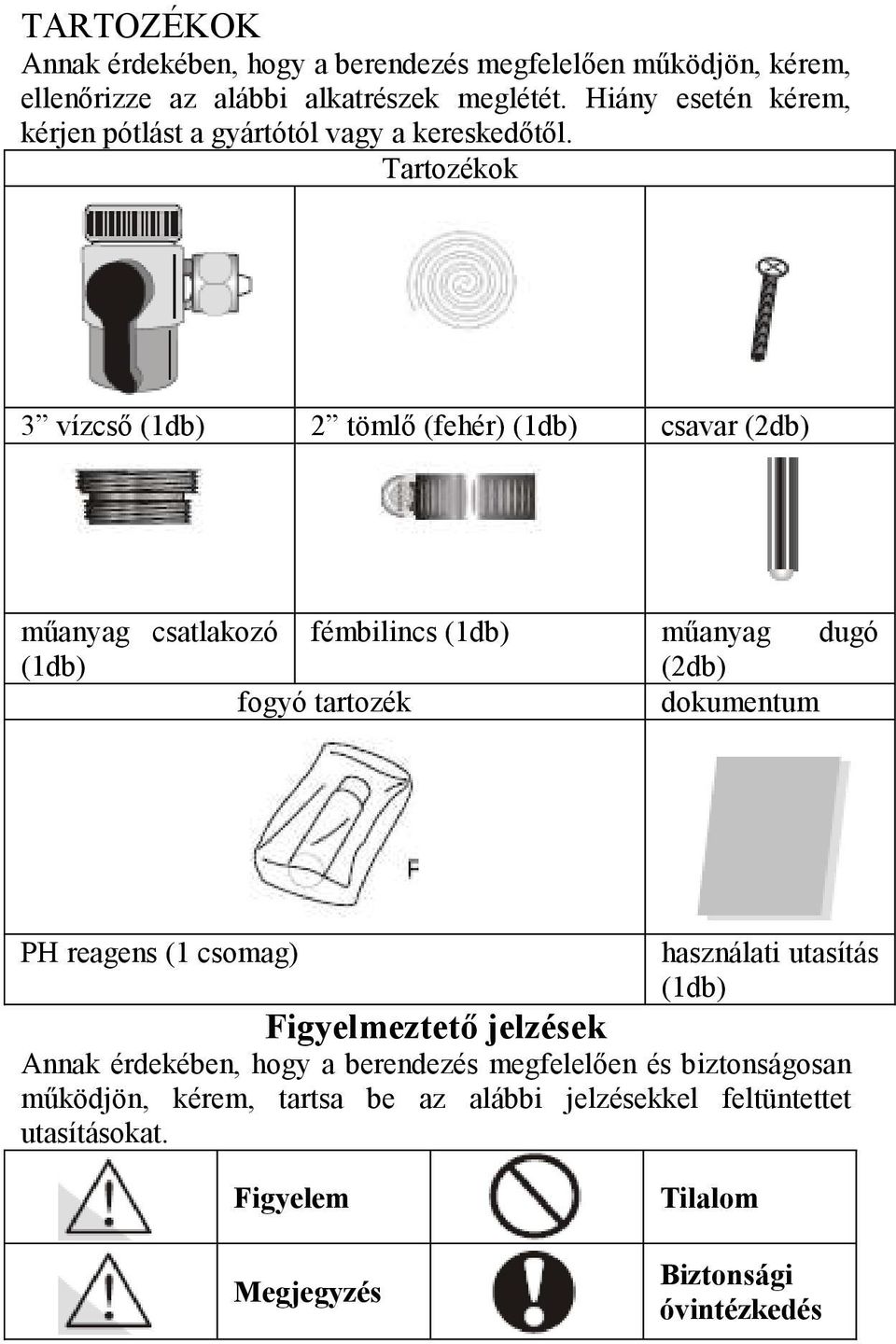 Tartozékok 3 vízcsı (1db) 2 tömlı (fehér) (1db) csavar (2db) mőanyag csatlakozó fémbilincs (1db) mőanyag dugó (1db) (2db) fogyó tartozék dokumentum