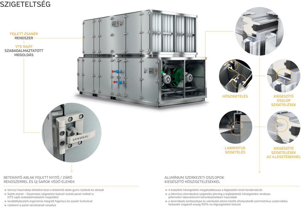 fejlett zsanér - folyamatos szigetelést biztosít nyitott panel mellett is (VTS saját szabadalmaztatott megoldás)» továbbfejlesztett ergonómia integrált fogantyú és zsanér funkcióval» csökkent a panel