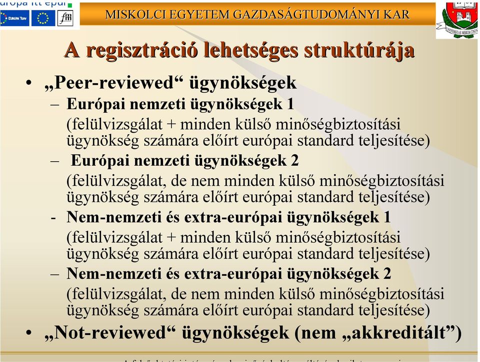 - Nem-nemzeti és extra-európai ügynökségek 1 (felülvizsgálat + minden külső minőségbiztosítási ügynökség számára előírt európai standard teljesítése) Nem-nemzeti és