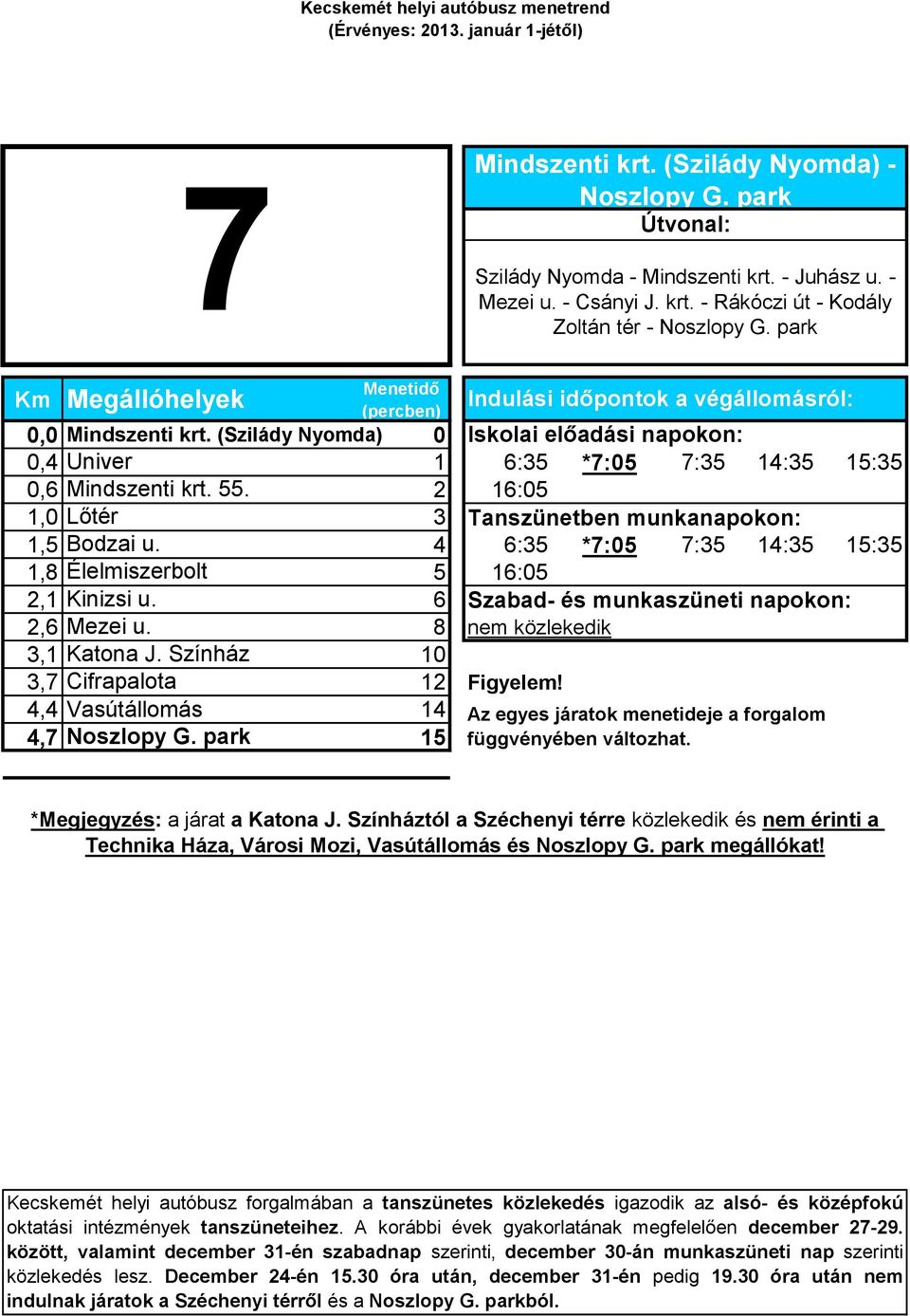 4 6:35 *7:05 7:35 14:35 15:35 1,8 Élelmiszerbolt 5 16:05 2,1 Kinizsi u. 6 Szabad- és munkaszüneti napokon: 2,6 Mezei u. 8 nem közlekedik 3,1 Katona J.