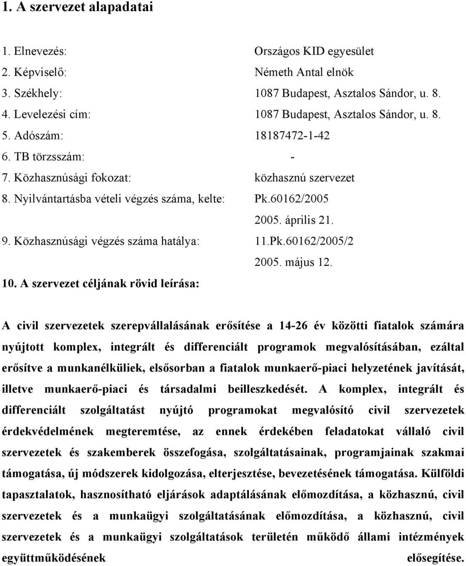 Közhasznúsági végzés száma hatálya: 11.Pk.60162/2005/2 2005. május 12. 10.
