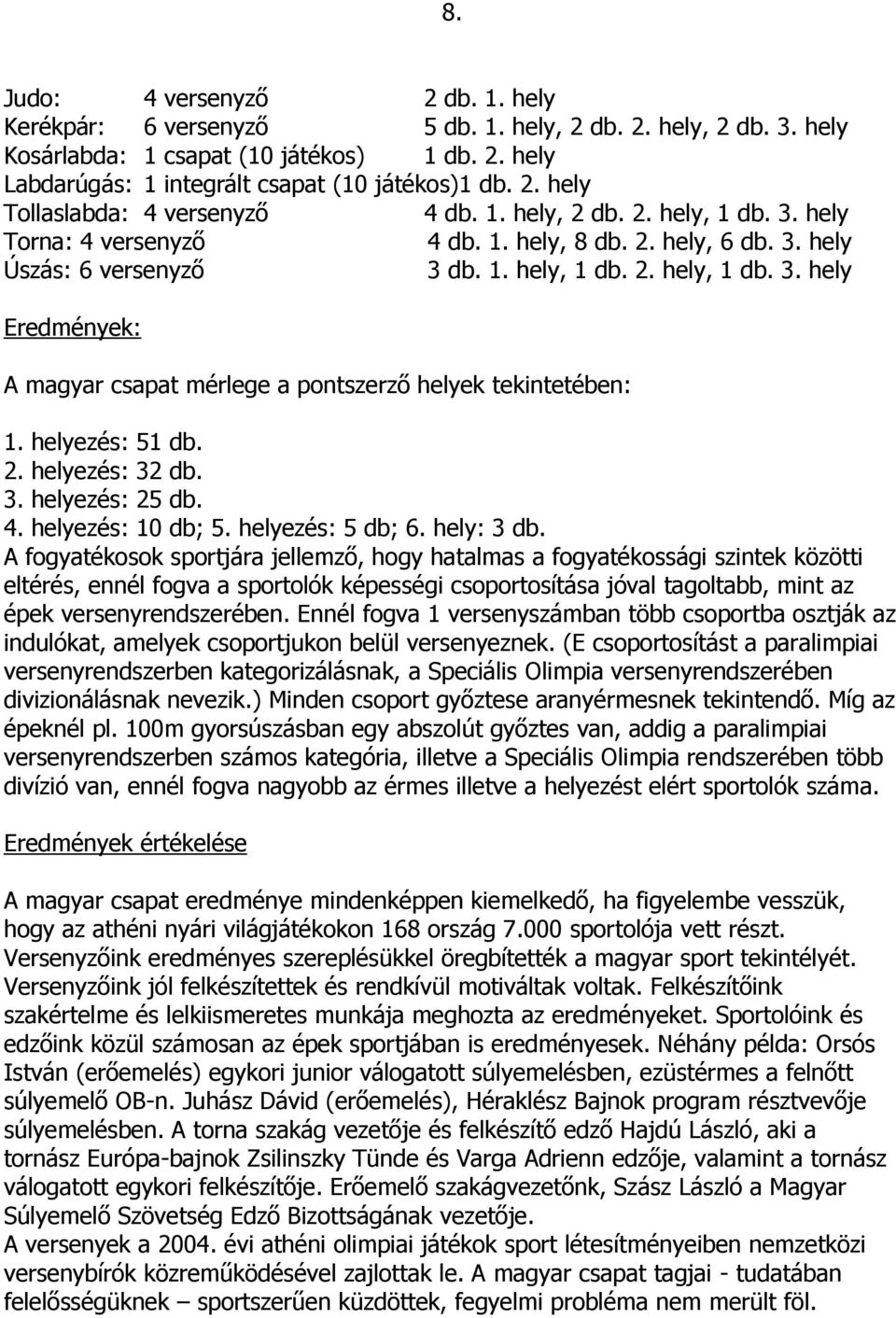 helyezés: 51 db. 2. helyezés: 32 db. 3. helyezés: 25 db. 4. helyezés: 10 db; 5. helyezés: 5 db; 6. hely: 3 db.