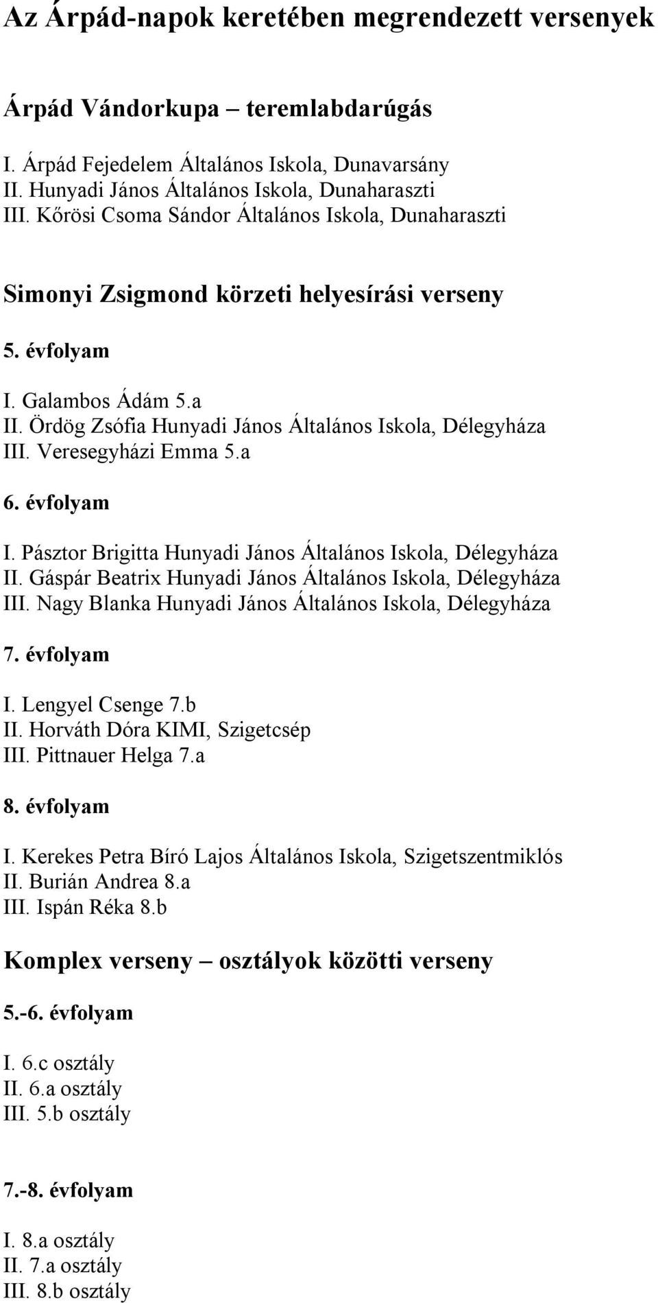 Veresegyházi Emma 5.a 6. évfolyam I. Pásztor Brigitta Hunyadi János Általános Iskola, Délegyháza II. Gáspár Beatrix Hunyadi János Általános Iskola, Délegyháza III.