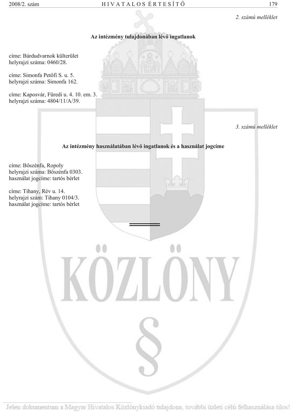 u. 5. helyrajzi száma: Simonfa 162. címe: Kaposvár, Füredi u. 4. 10. em. 3.