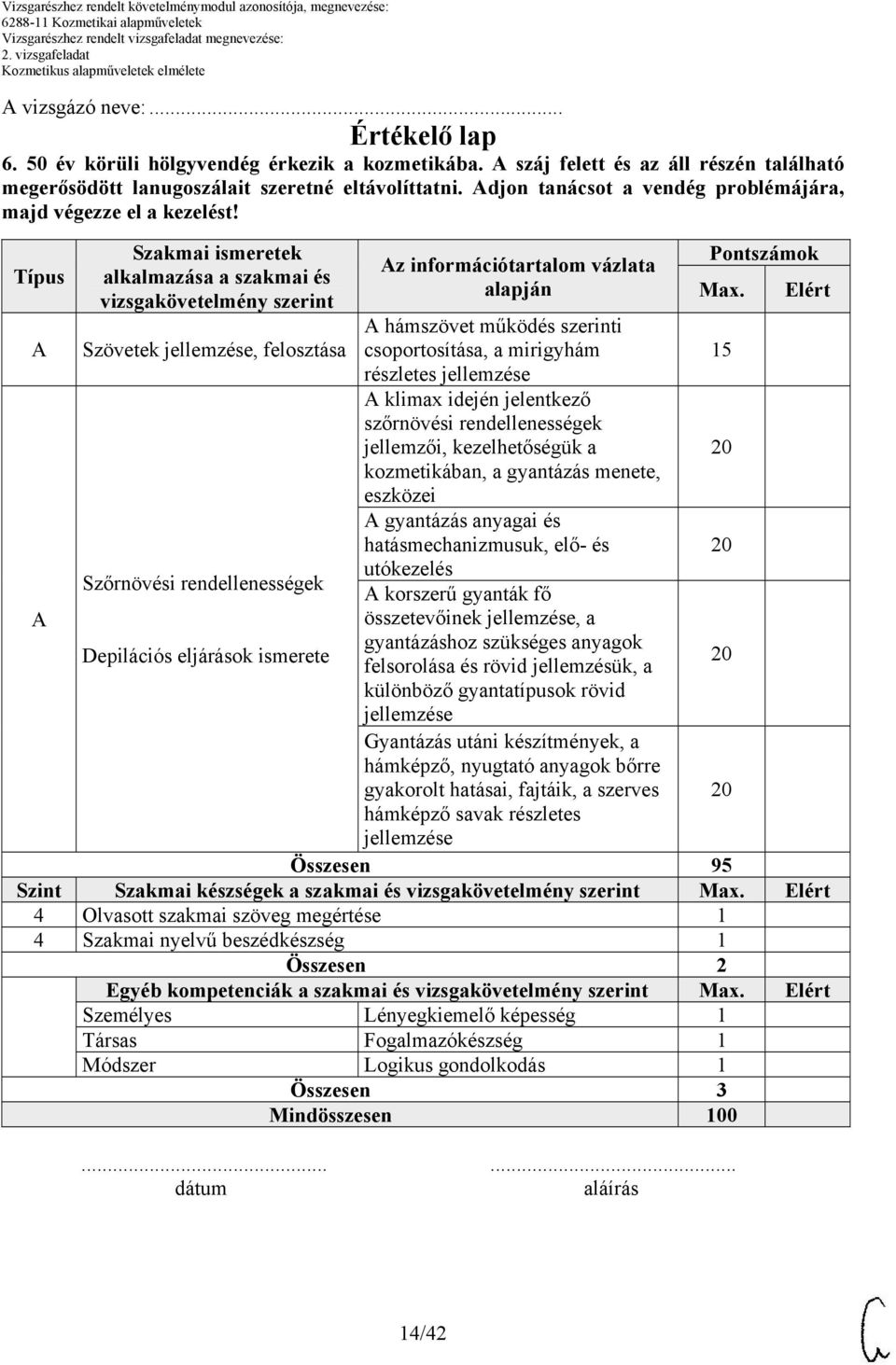 Típus Szakmai ismeretek alkalmazása a szakmai és vizsgakövetelmény szerint Szövetek jellemzése, felosztása Szőrnövési rendellenességek Depilációs eljárások ismerete z információtartalom vázlata