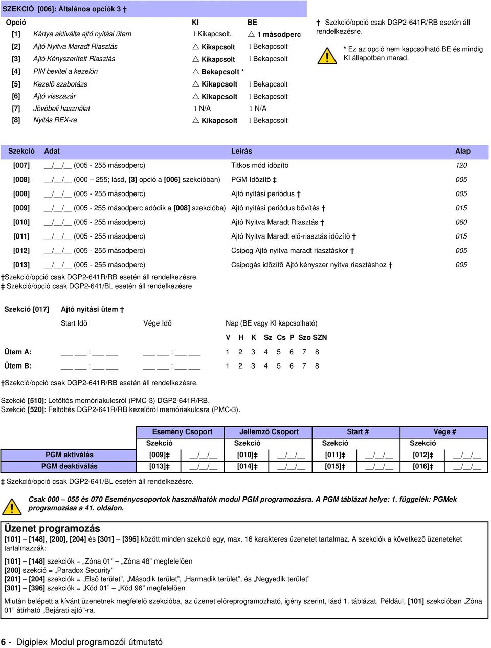 [4] PIN bevitel a kezelõn Bekapcsolt * [5] Kezelõ szabotázs Kikapcsolt l Bekapcsolt [6] Ajtó visszazár Kikapcsolt l Bekapcsolt [7] Jövõbeli használat 1 N/A 1 N/A [8] Nyitás REX-re Kikapcsolt l