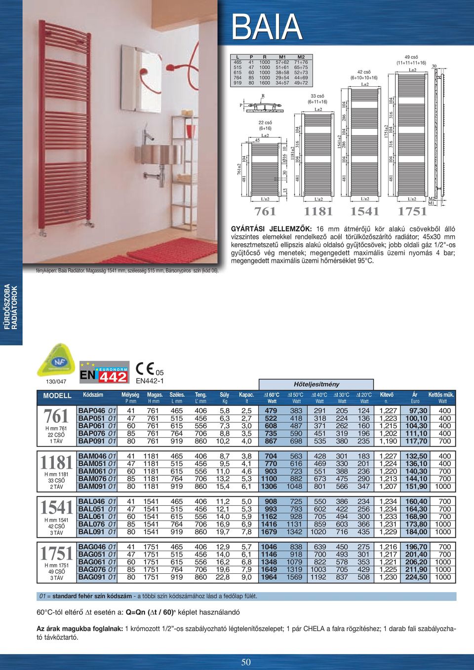 GYÁRTÁSI JELLEMZŐK: 16 mm átmérőjű kör alakú csövekből álló vízszintes elemekkel rendelkező acél törülközőszárító radiátor; 45x30 mm keresztmetszetű ellipszis alakú oldalsó gyűjtőcsövek; jobb oldali